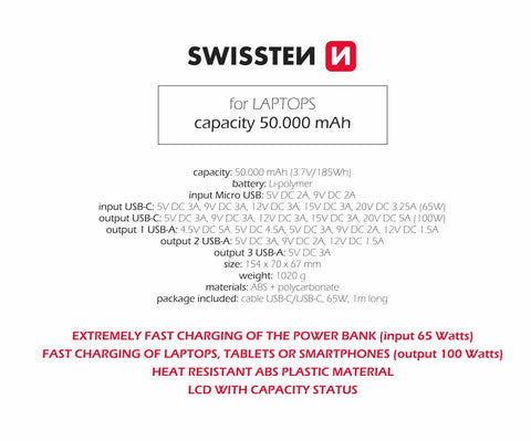 Swissten PowerLine Powerbank (100W) - 22013942 - 50.000 mAh - Black