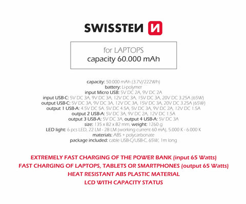 Swissten PowerLine Powerbank (65W) - 22013943 - 60.000 mAh - Black