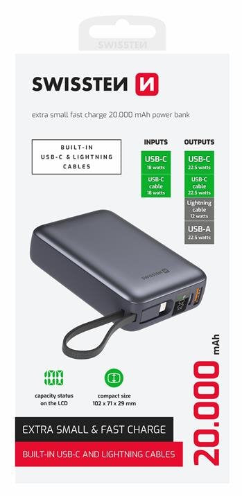 Swissten Powerbank - 22013945 - With Built-in USB-C And Lightning Cables - 20.000 mAh - Silver