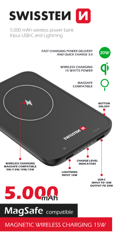 Swissten Magsafe Powerbank (15W) - 22013970 - 5000 mAh - Black
