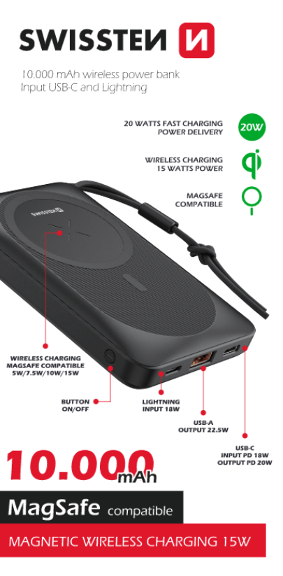 Swissten Magsafe Powerbank (15W) - 22013971 - 10.000 mAh - Black