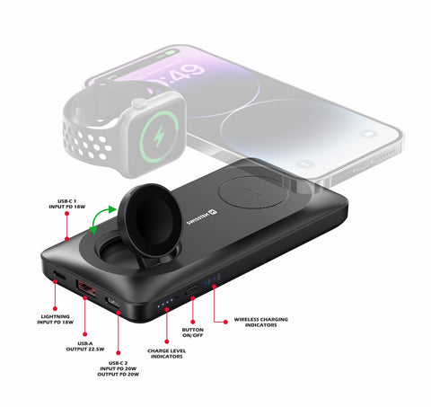 Swissten 10.000 2-in-1 MagSafe & Watch Powerbank - 22013973 - Black