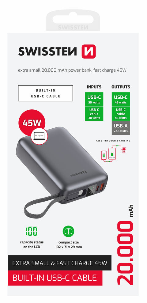 Swissten 45W Powerbank - 22013976 - With Built-in USB-C Cable - 20.000 mAh - Silver