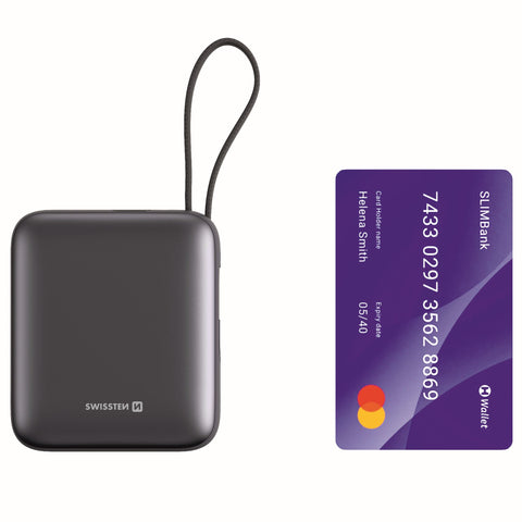 Swissten Space Powerbank (35W) - 22013986 - With Built-in USB-C And Lightning Cables - 10.000 mAh - Grey