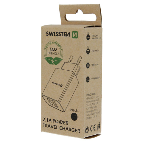 Swissten 2.1A Dual Travel Charger - 22033000ECO - Eco Packing - Black