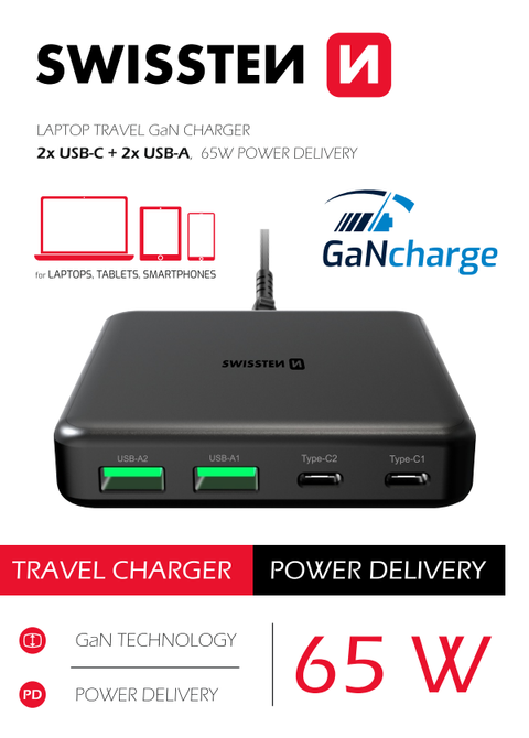 Swissten Laptop Power Delivery Travel Charger (65W) - 22057100 - Black