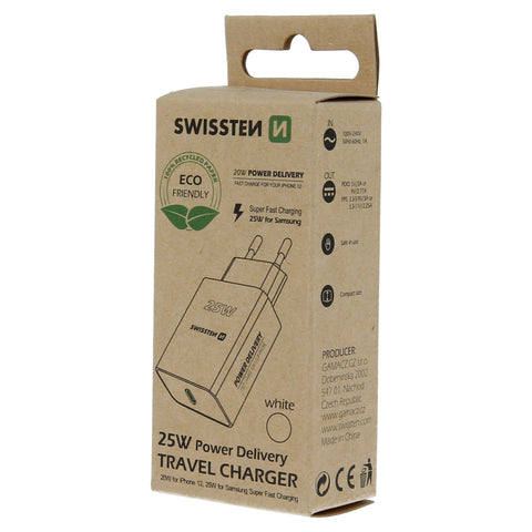Swissten USB-C Travel Charger (25W) - 22060300ECO - Eco Packing - White