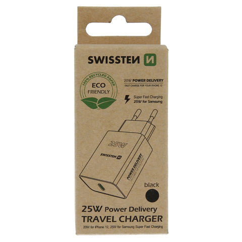 Swissten USB-C Travel Charger (25W) - 22060400ECO - Eco Packing - Black
