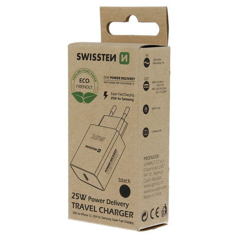 Swissten USB-C Travel Charger (25W) - 22060400ECO - Eco Packing - Black