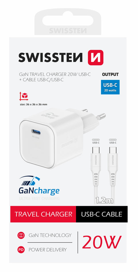 Swissten 20W UBS-C Travel Charger With USB-C To USB-C Cable - 1.2m - 22070120 - White