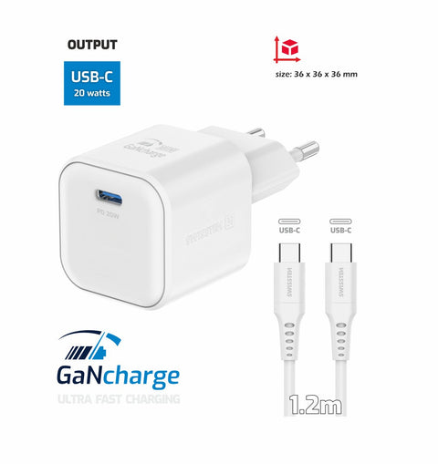 Swissten 20W UBS-C Travel Charger With USB-C To USB-C Cable - 1.2m - 22070120 - White