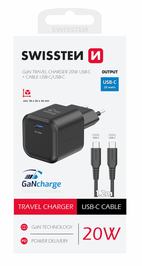 Swissten 20W UBS-C Travel Charger With USB-C To USB-C Cable - 1.2m - 22070130 - Black