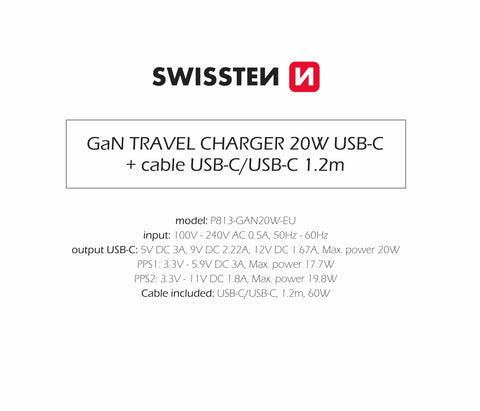 Swissten 20W UBS-C Travel Charger With USB-C To USB-C Cable - 1.2m - 22070130 - Black