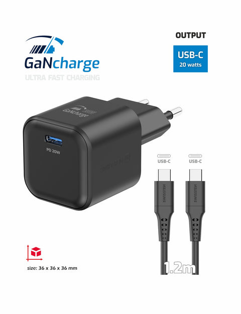 Swissten 20W UBS-C Travel Charger With USB-C To USB-C Cable - 1.2m - 22070130 - Black