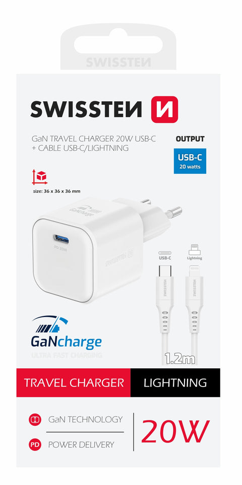 Swissten 20W UBS-C Travel Charger With Lightning To USB-C Cable - 1.2m - 22070140 - White