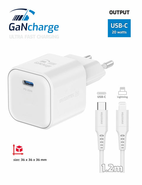 Swissten 20W UBS-C Travel Charger With Lightning To USB-C Cable - 1.2m - 22070140 - White