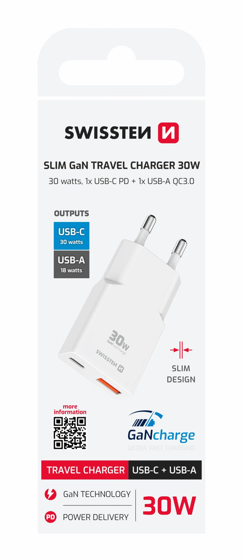 Swissten Slim GaN Travel Charger (30W) - 22070201