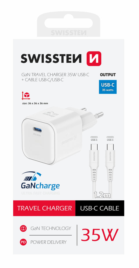 Swissten 35W UBS-C Travel Charger With USB-C To USB-C Cable - 1.2m - 22070220 - White