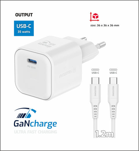 Swissten 35W UBS-C Travel Charger With USB-C To USB-C Cable - 1.2m - 22070220 - White