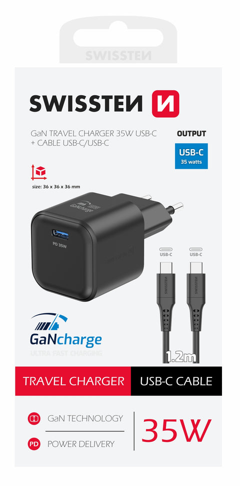 Swissten 35W UBS-C Travel Charger With USB-C To USB-C Cable - 1.2m - 22070230 - Black