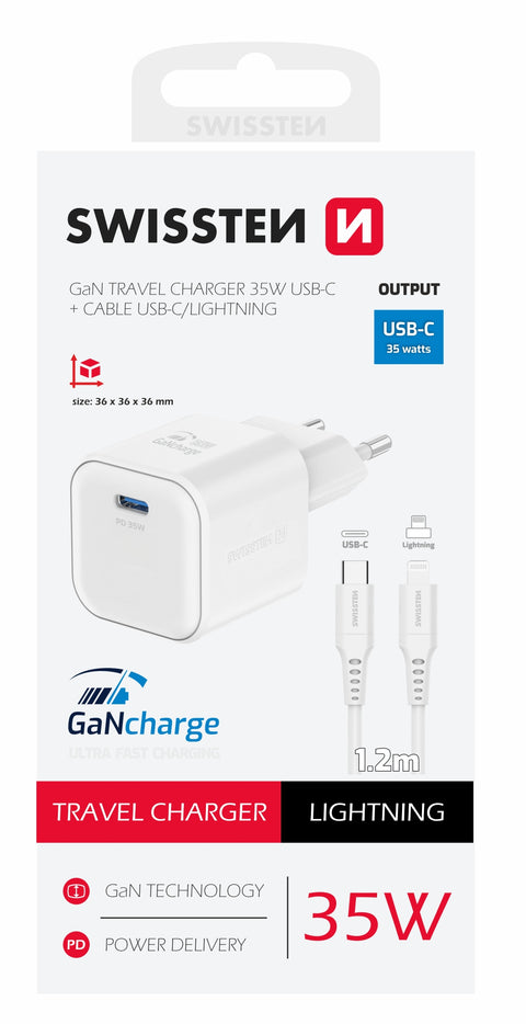 Swissten 35W UBS-C Travel Charger With Lightning To USB-C Cable - 1.2m - 22070240 - White