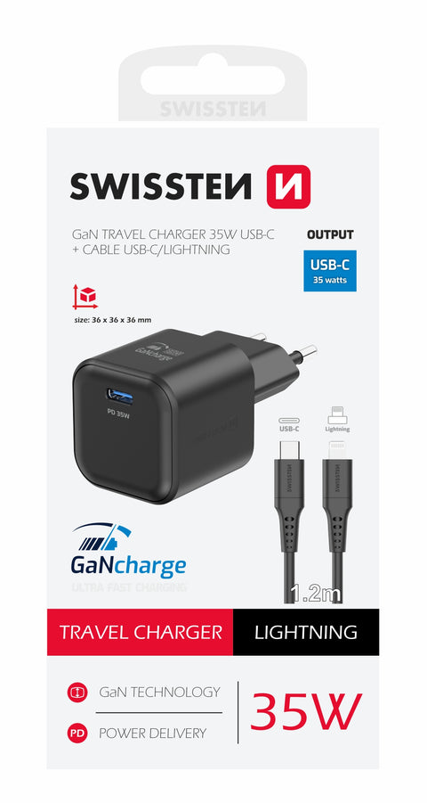 Swissten 35W UBS-C Travel Charger With Lightning To USB-C Cable - 1.2m - 22070250 - Black