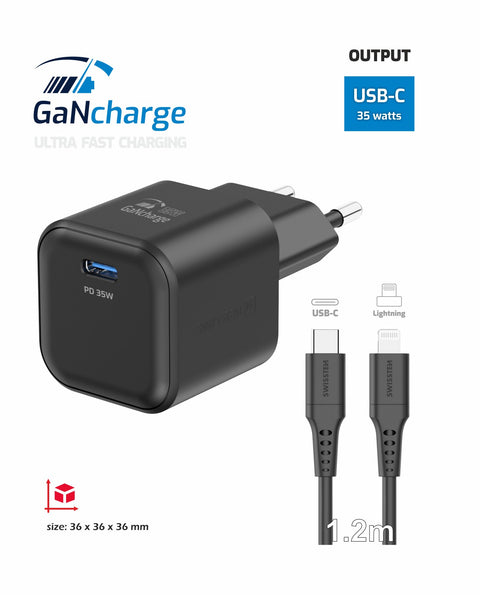 Swissten 35W UBS-C Travel Charger With Lightning To USB-C Cable - 1.2m - 22070250 - Black