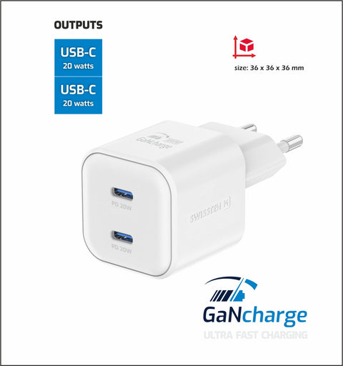 Swissten 2x USB-C 20W Power Delivery GaN Travel Charger - 22070500 - White