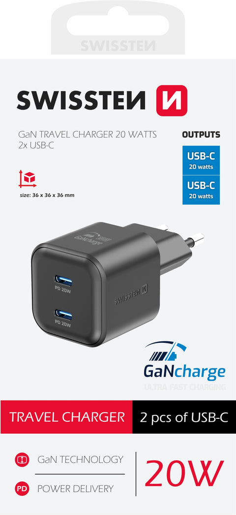 Swissten 2x USB-C 20W Power Delivery GaN Travel Charger - 22070510 - Black