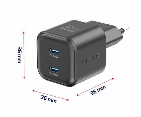 Swissten 2x USB-C 20W Power Delivery GaN Travel Charger - 22070510 - Black