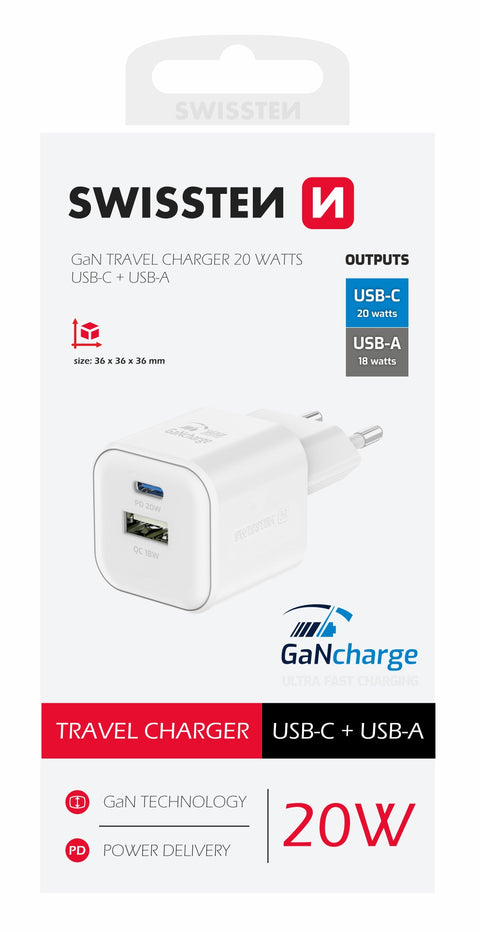Swissten 20W UBS-A & USB-C Travel Charger - 22071100 - White
