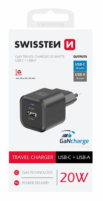 Swissten 20W Travel Charger UBS-A & USB-C - 22071110 - Black