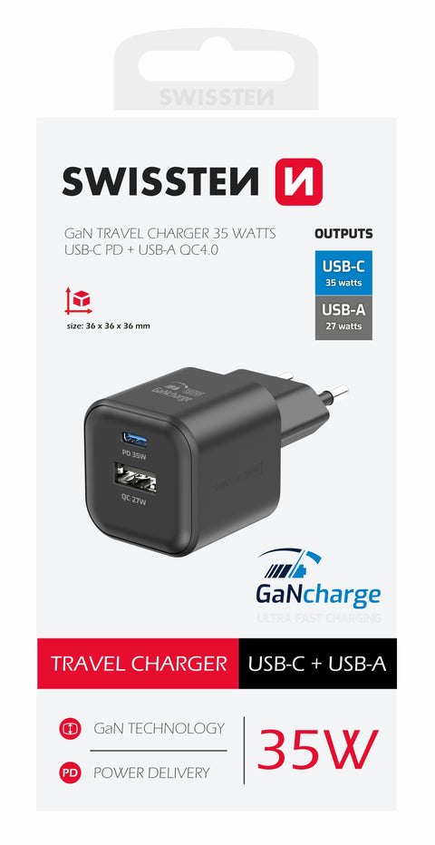 Swissten 35W UBS-C & USB-A Travel Charger - 22071210 - Black
