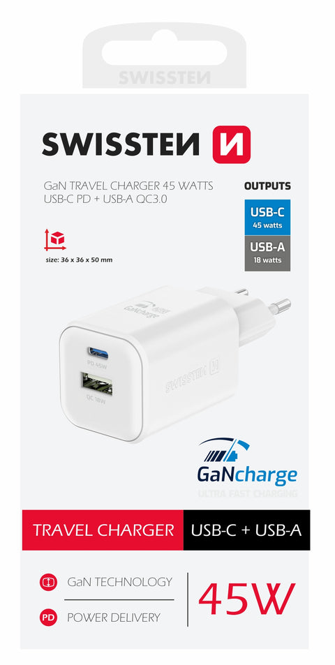 Swissten 45W UBS-C & USB-A Travel Charger - 22071300 - White
