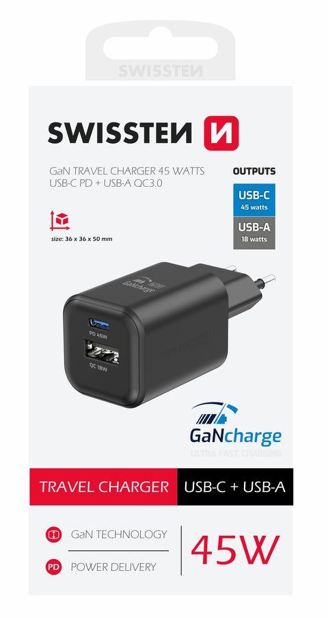 Swissten 45W UBS-C & USB-A Travel Charger - 22071310 - Black