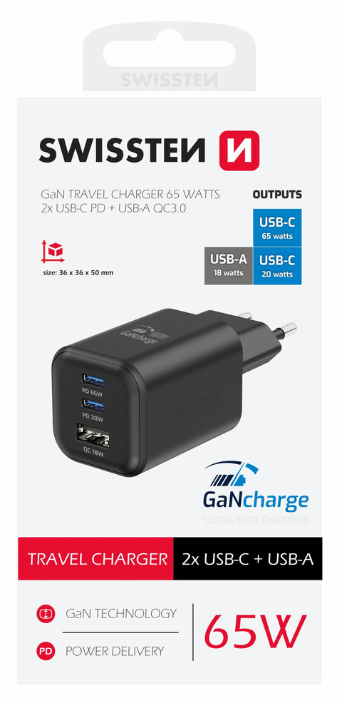 Swissten 65W 2x UBS-C & USB-A Travel Charger - 22071410 - Black