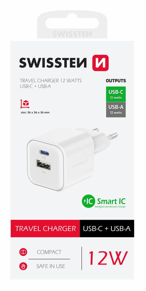 Swissten 12W UBS-A & USB-C Travel Charger - 22071500 - White