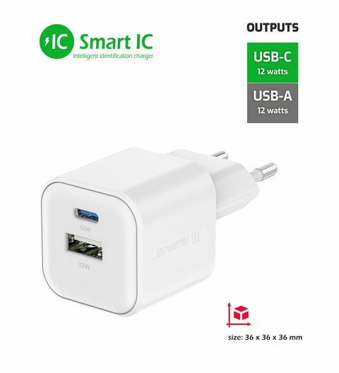 Swissten 12W UBS-A & USB-C Travel Charger - 22071500 - White