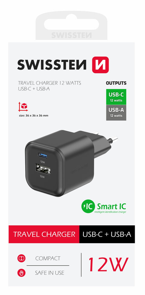 Swissten 12W UBS-A & USB-C Travel Charger - 22071510 - Black