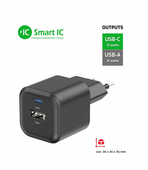 Swissten 12W UBS-A & USB-C Travel Charger - 22071510 - Black