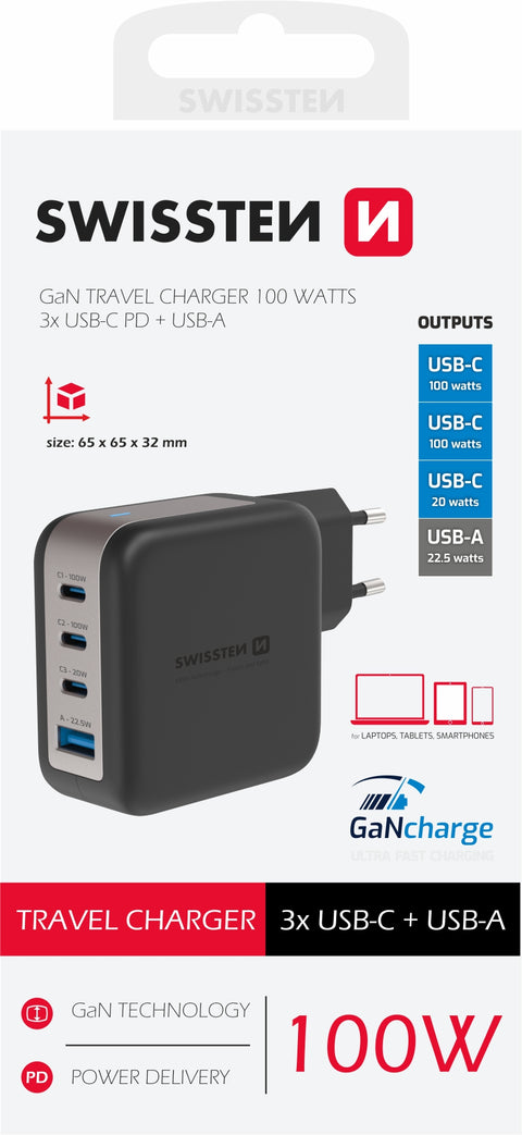 Swissten 100W GaN 3x USB-C + USB-A Travel Charger - 22071600 - Black