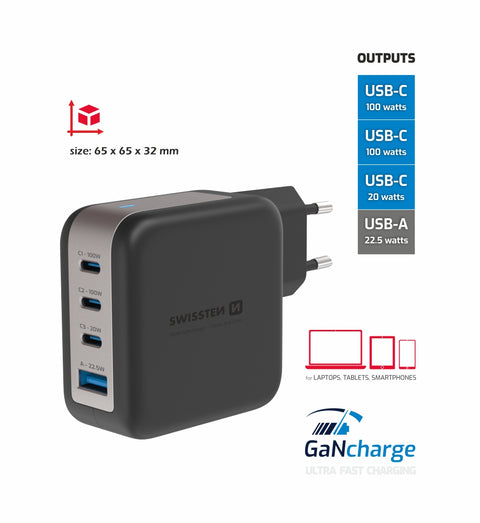 Swissten 100W GaN 3x USB-C + USB-A Travel Charger - 22071600 - Black