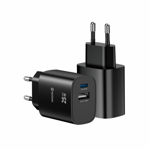Swissten Edge USB-C + USB-A Travel Charger (25W) - 22071714 - Black