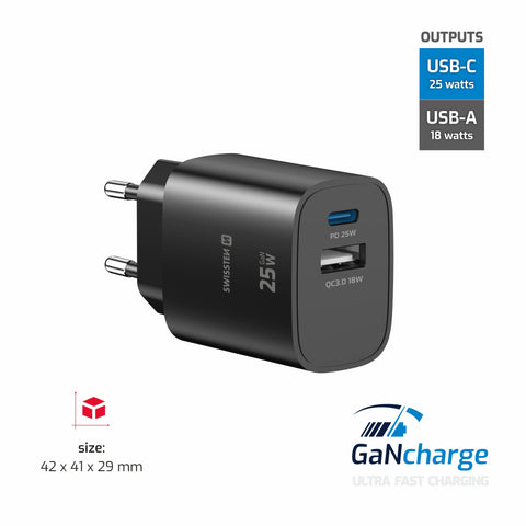 Swissten Edge USB-C + USB-A Travel Charger (25W) - 22071714 - Black