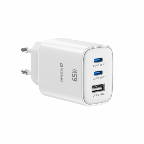 Swissten Edge Dual USB-C + USB-A Travel Charger (65W) - 22071720 - White