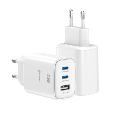 Swissten Edge Dual USB-C + USB-A Travel Charger (65W) - 22071720 - White