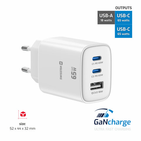 Swissten Edge Dual USB-C + USB-A Travel Charger (65W) - 22071720 - White