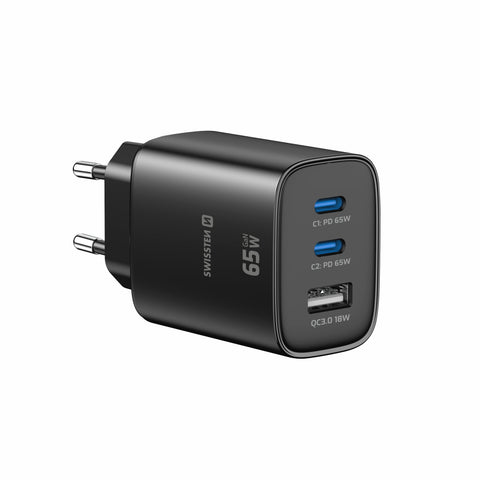 Swissten Edge Dual USB-C + USB-A Travel Charger (65W) - 22071721 - Black