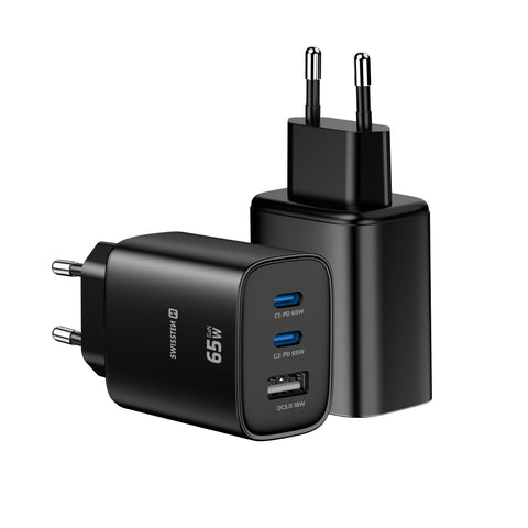 Swissten Edge Dual USB-C + USB-A Travel Charger (65W) - 22071721 - Black