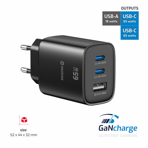 Swissten Edge Dual USB-C + USB-A Travel Charger (65W) - 22071721 - Black